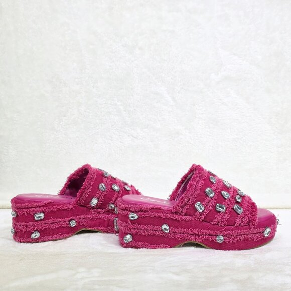 Hipster Denim Distressed Frayed Trim Rhinestone 2" Flatform Sandals Hot Pink - Picture 5 of 10